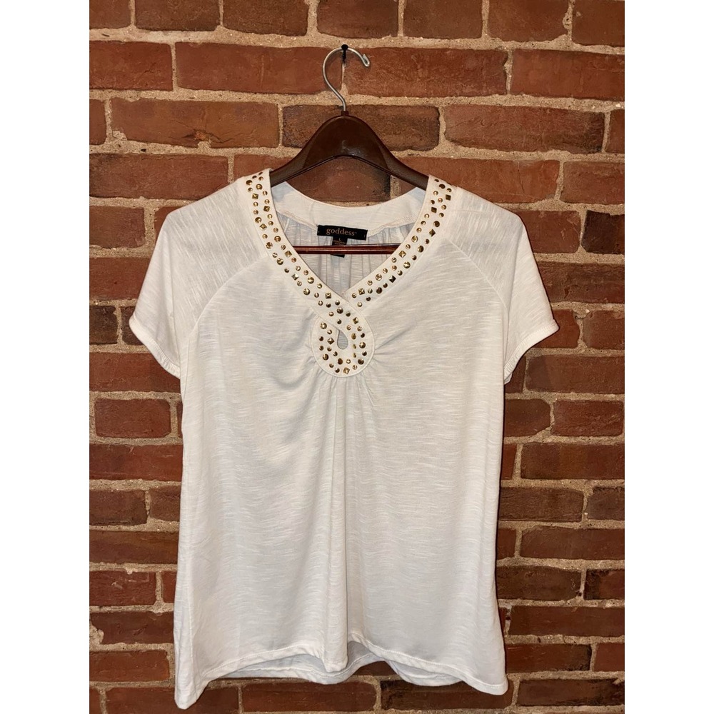 Women's White Studded V-Neck‎ Short Sleeve Blouse Tunic
